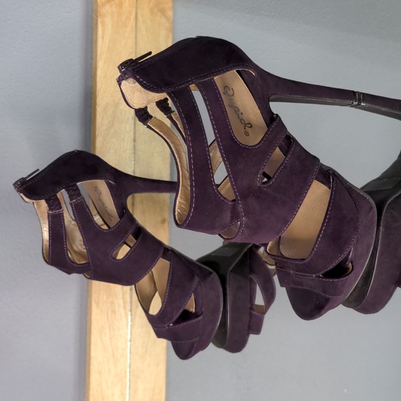 sz 7 purple strappy cut out peep toe platform heels pumps Qupid fabric heel zip - Picture 3 of 11